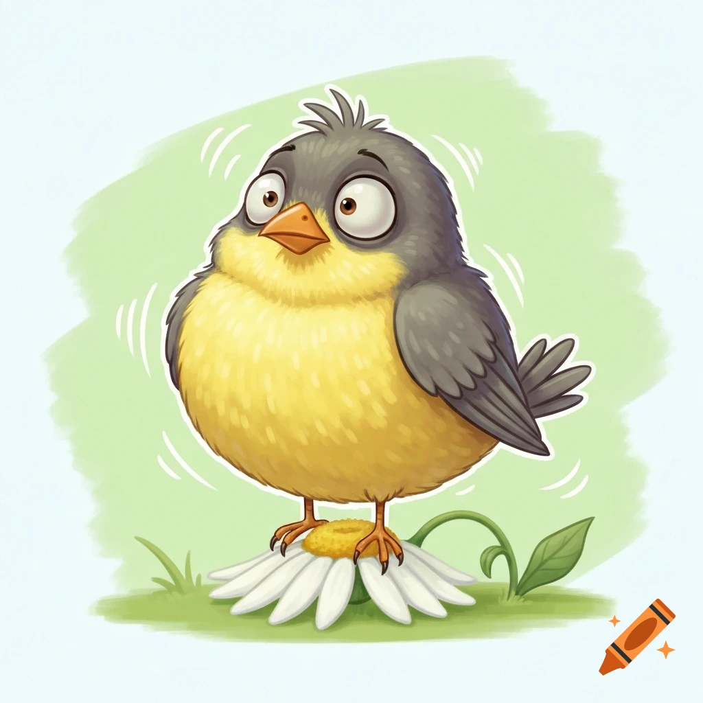 A humorous cartoon illustration of a plump yellow-bellied bird with big eyes, standing on a white daisy.