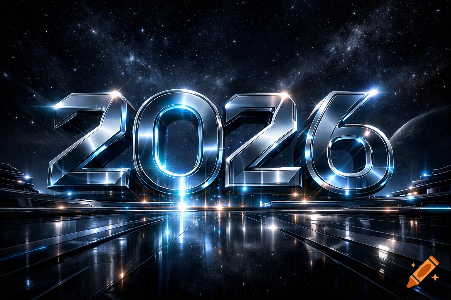 Large metallic numbers '2026' glowing with blue light, reflected on a shiny surface against a starry space background.