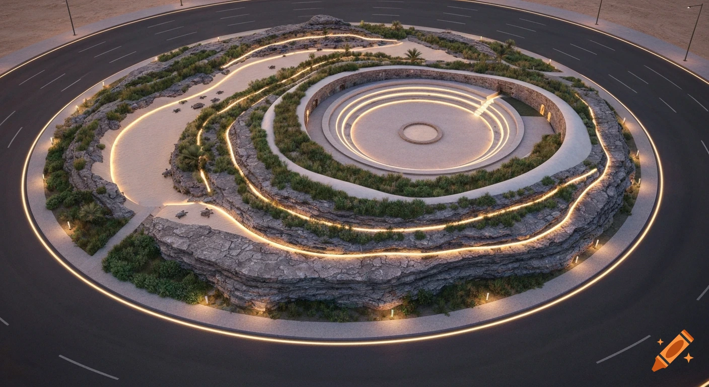 Aerial, realistic view of an urban roundabout plaza designed as an abstract island landscape with sandy, rocky, and vegetated zones, and a lit sunken circular courtyard.