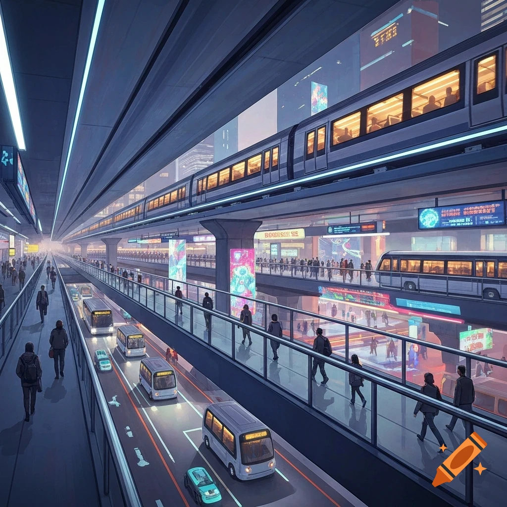 A futuristic multi-level transportation hub with a monorail, small buses, and pedestrians in a cyberpunk city setting.