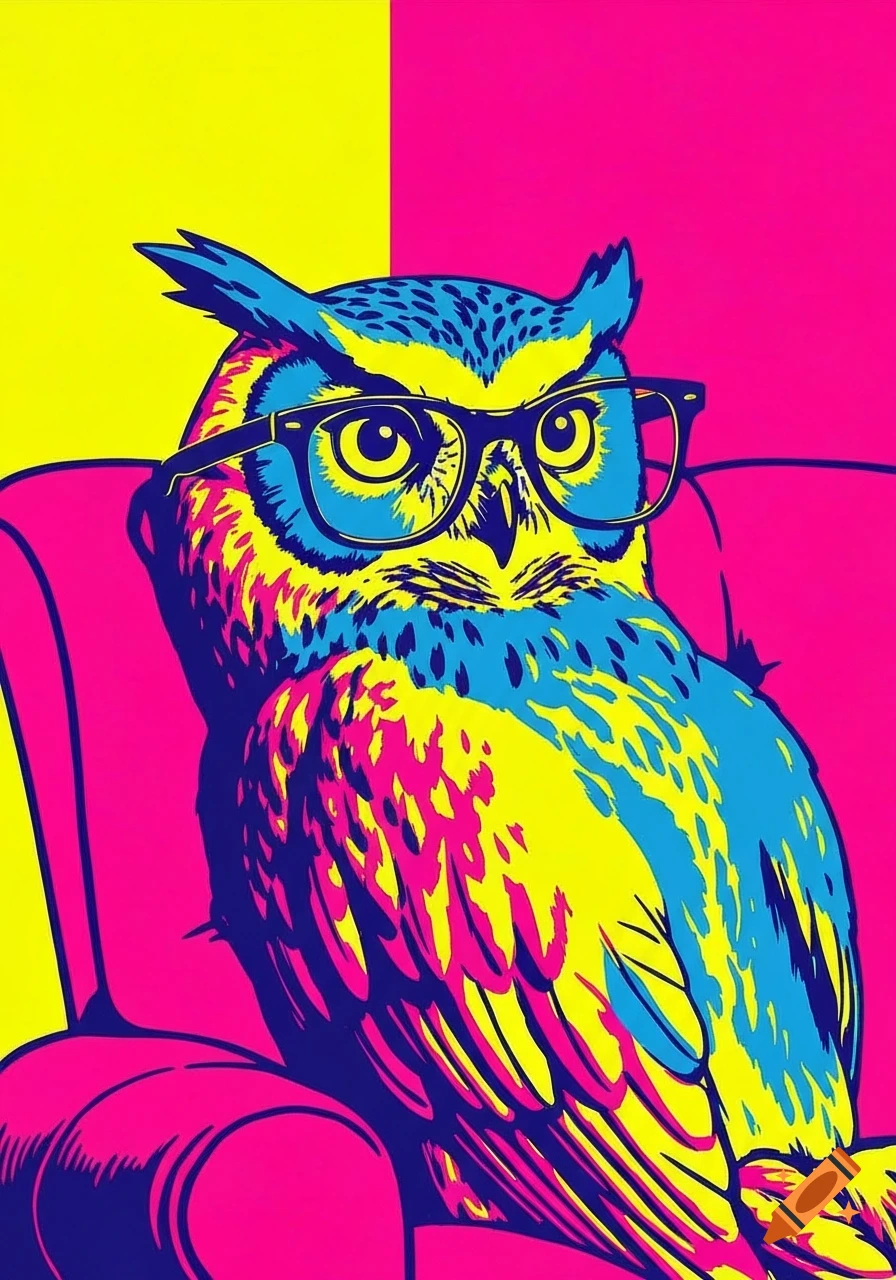 A colorful, Andy Warhol-style pop art illustration of an owl wearing glasses and sitting on a pink armchair.