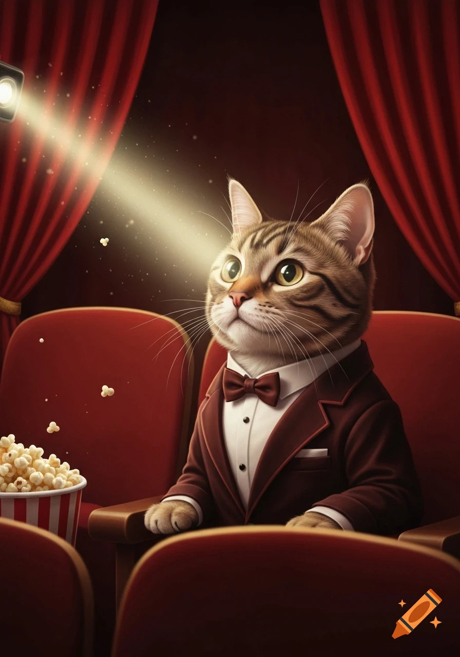 An anthropomorphic tabby cat in a suit sits in a red cinema seat, looking at the projector light, with a bucket of popcorn.