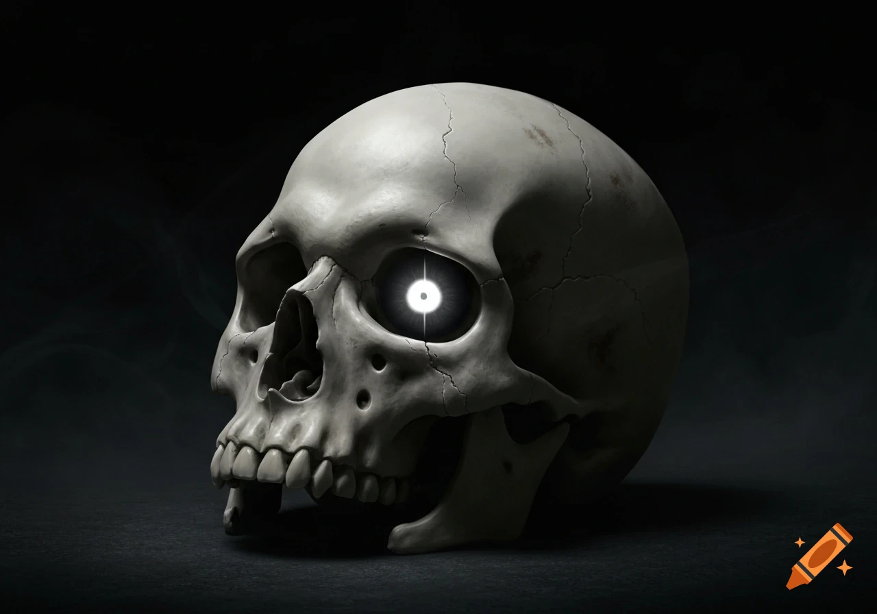 A photorealistic human skull with a single glowing white eye, viewed from the side in a dark, moody setting.