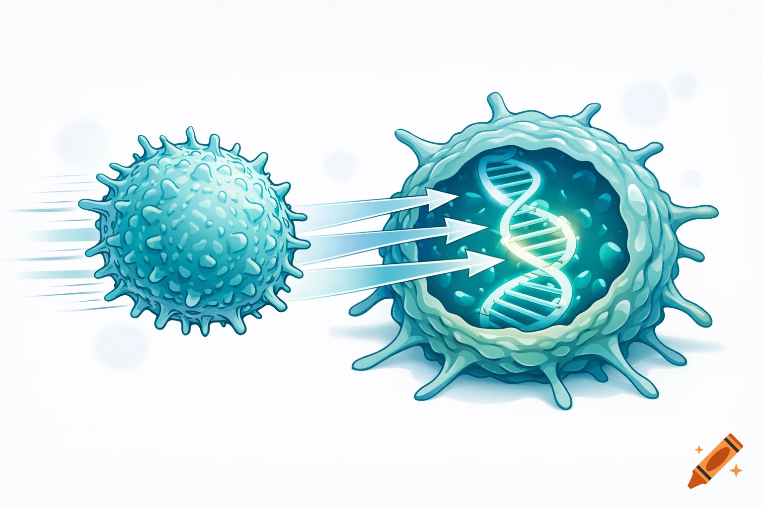 Digital illustration of a spiked cell attacking a larger cell with a glowing DNA helix, symbolizing genetic modification.