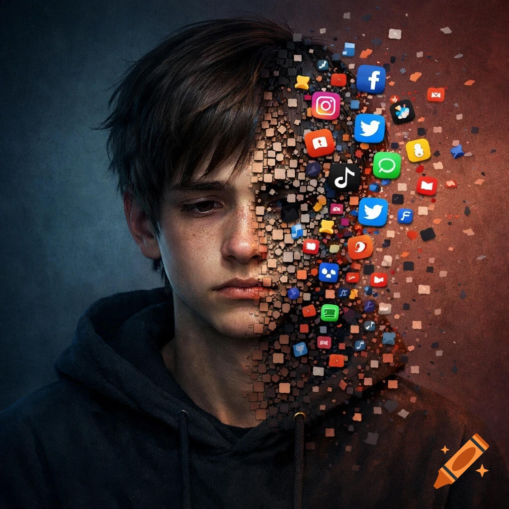 A sad adolescent boy's right face fragments into social media app logos, set against a melancholic blue to red gradient background in a digital illustration style.