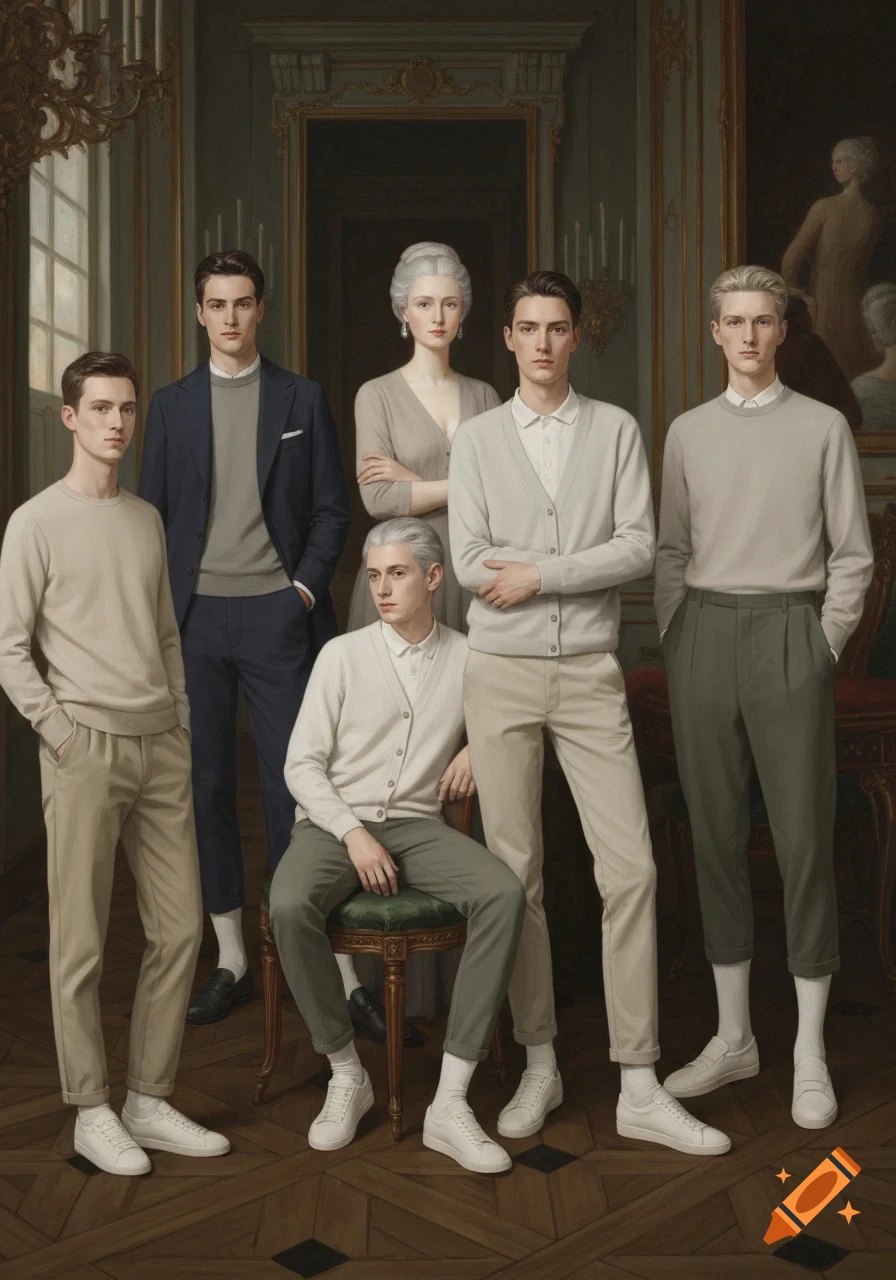 A modern family portrait in a classical salon, showing five men and one woman in neutral-toned casual wear, rendered in a painterly style.