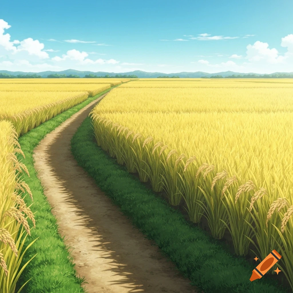 A winding dirt path through golden anime-style rice fields under a blue sky.