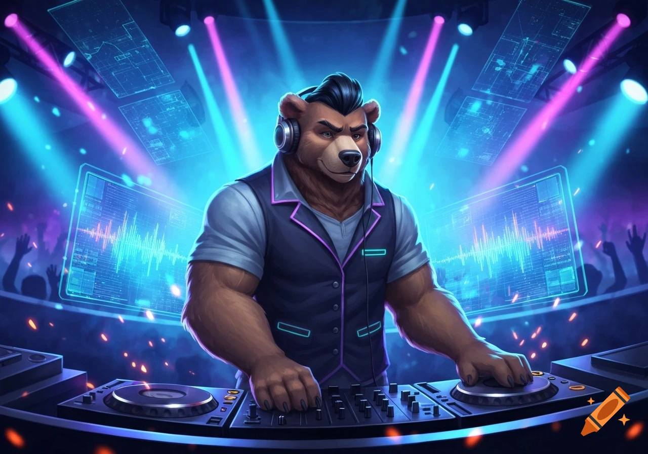 A muscular anthropomorphic bear DJ in headphones and a vest plays music on turntables in a vibrant, neon-lit nightclub with digital screens.