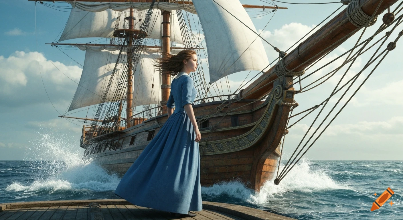 Photorealistic image of a woman in a blue dress on a historical sailing ship, wind blowing her hair over a stormy sea.