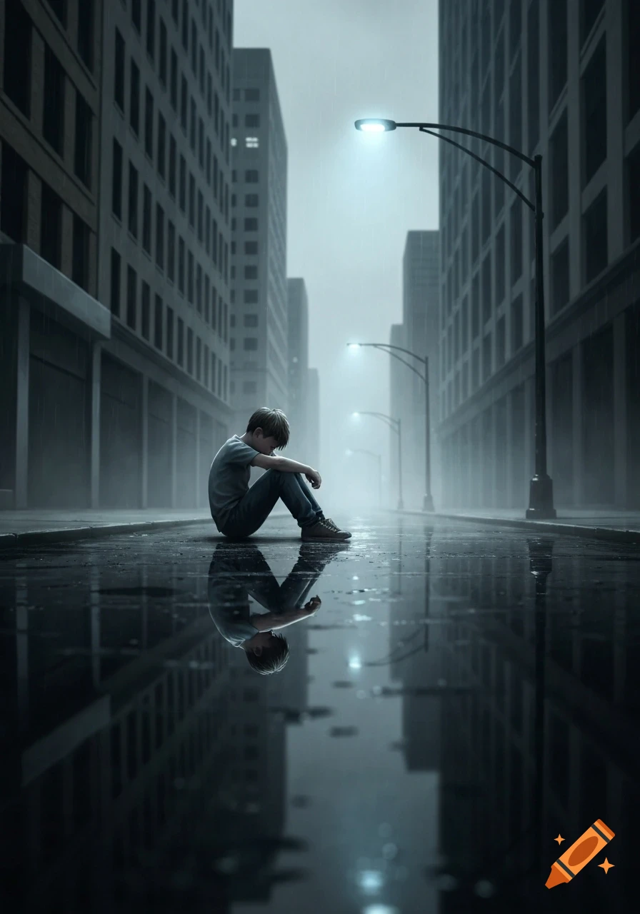 A lonely boy sits with his head down on a wet, rainy city street at dusk, surrounded by tall buildings and glowing streetlights.
