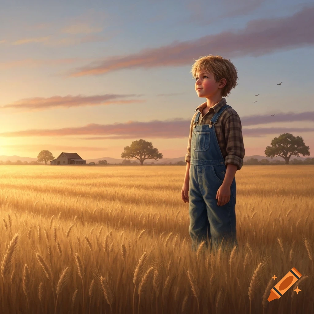 A young boy in overalls stands in a golden wheat field, gazing at the sunset with a farmhouse in the distance.