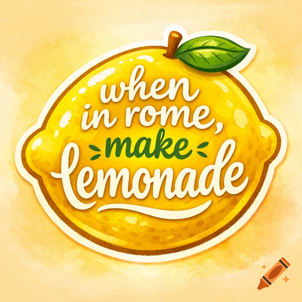 A vibrant yellow cartoon lemon with a green leaf and stem, displaying the wavy white and green text 'when in rome, make lemonade'.