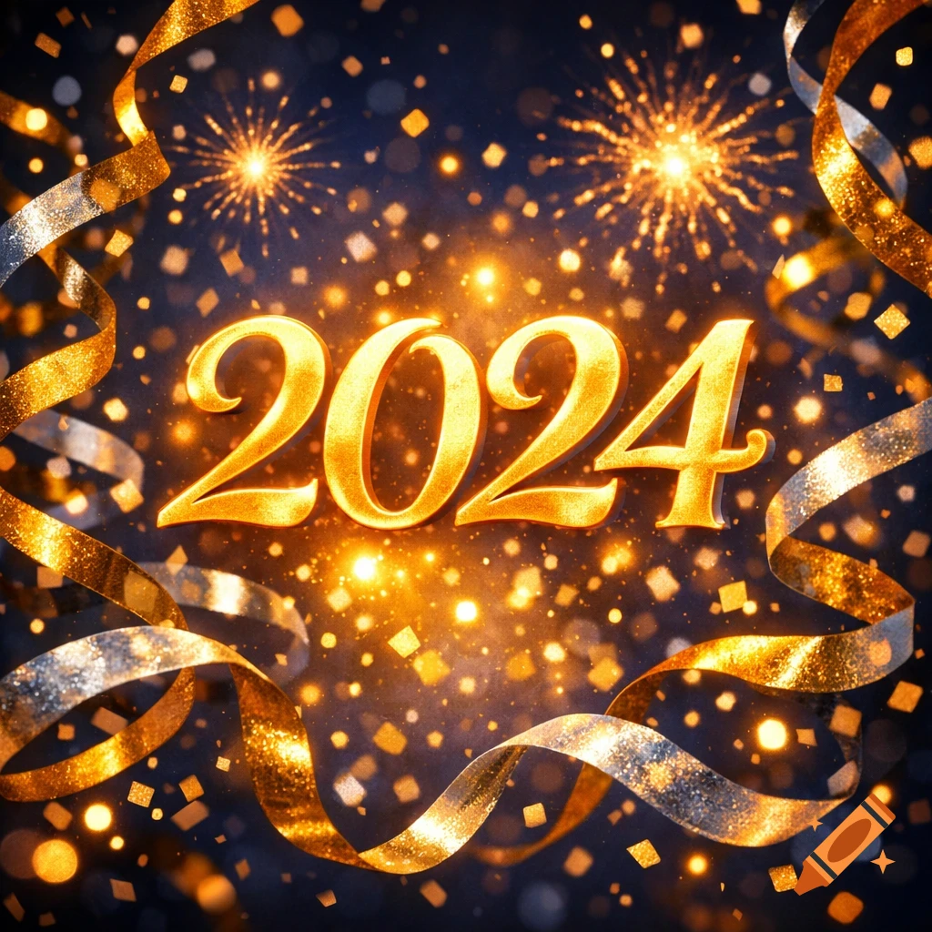 A sparkling gold "2024" is centered amidst golden ribbons, confetti, and fireworks against a dark, glowing background.