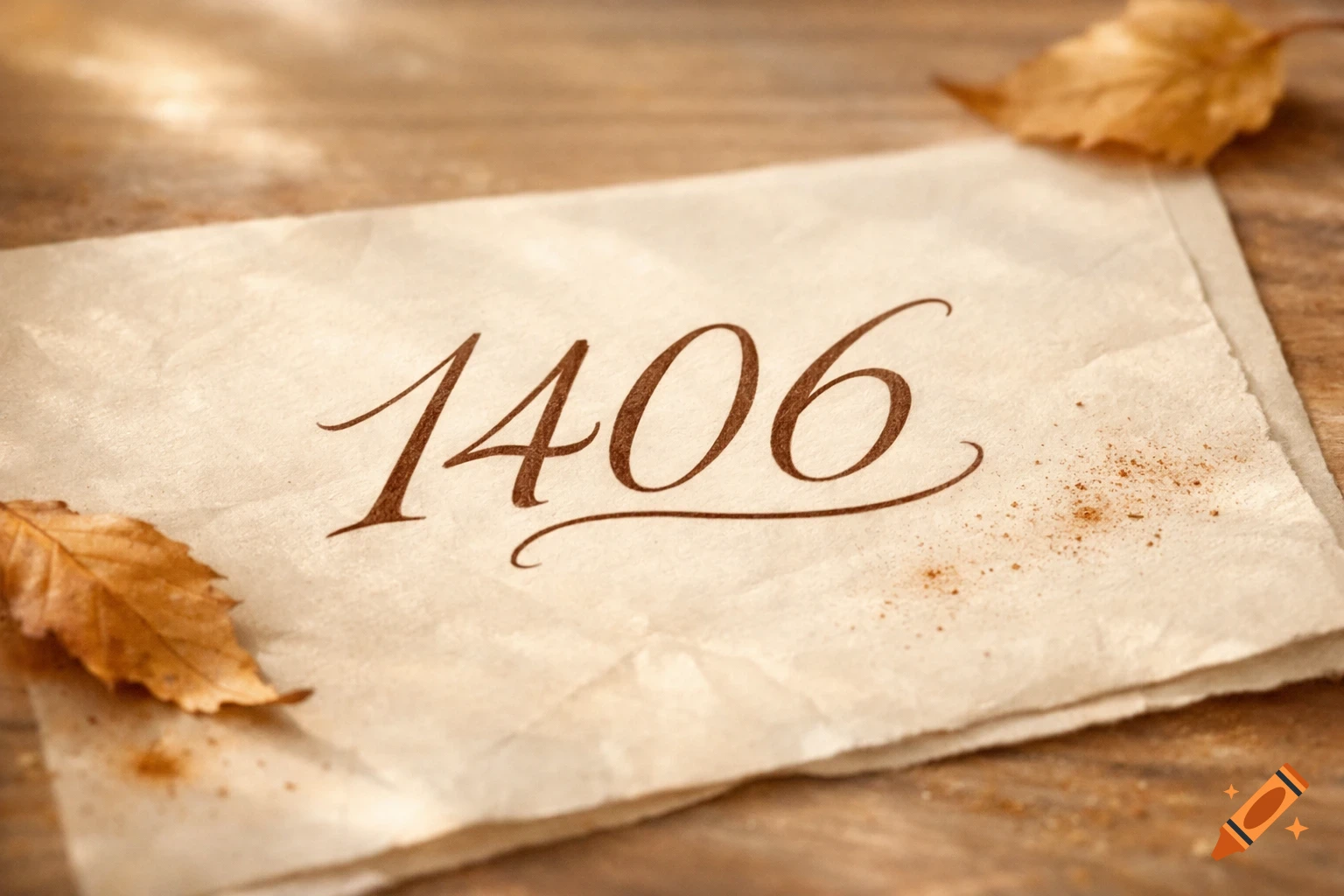 The number 1406 written in script on an old piece of paper with dried autumn leaves on a wooden background.