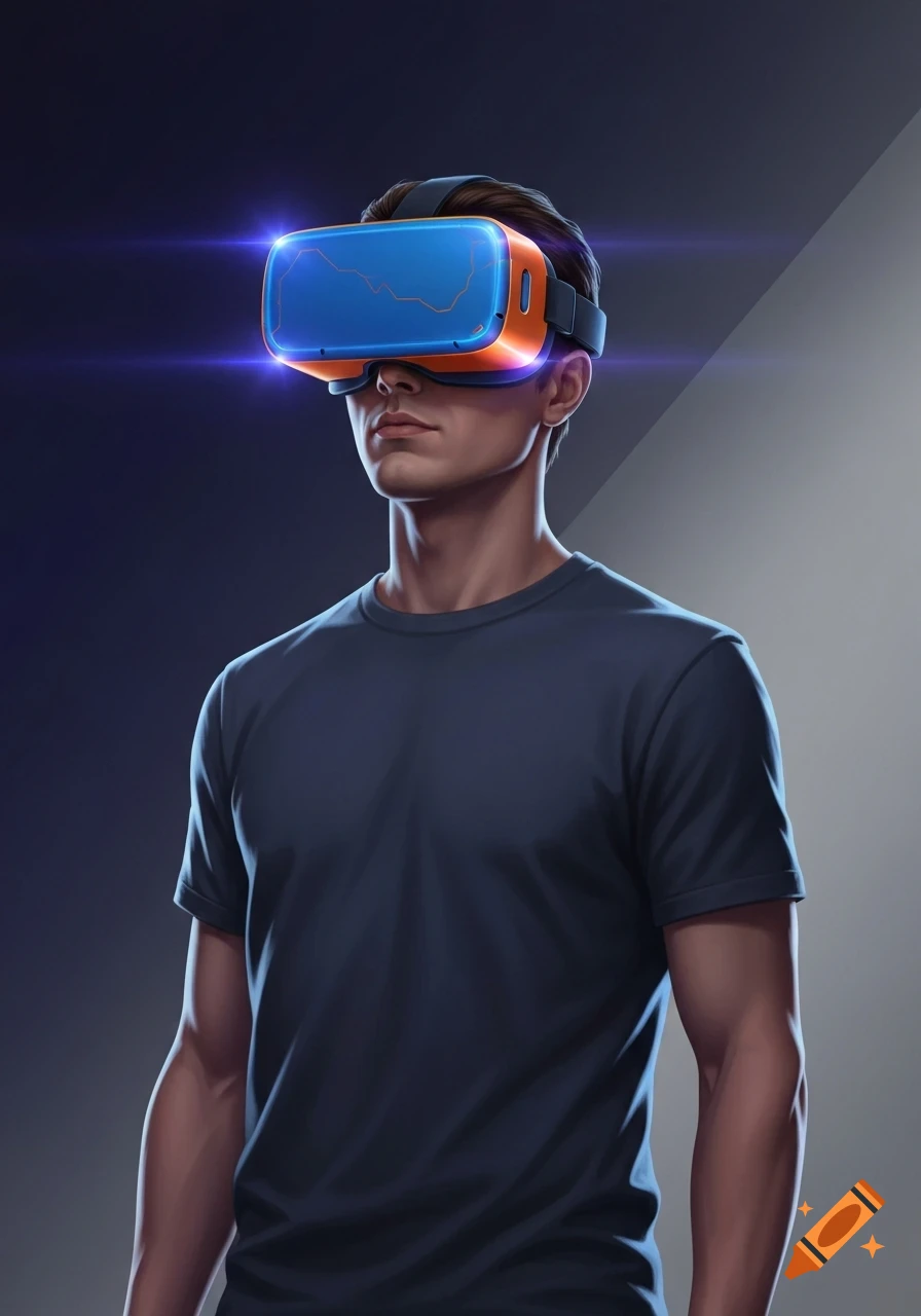 A man wearing a glowing blue and orange virtual reality headset, looking forward in a dark setting.
