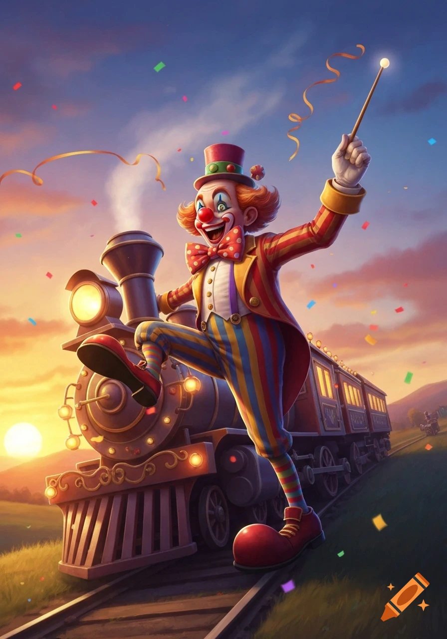 A colorful clown in a top hat and striped suit stands on a moving train, holding a magic wand, with confetti falling against a sunset sky.