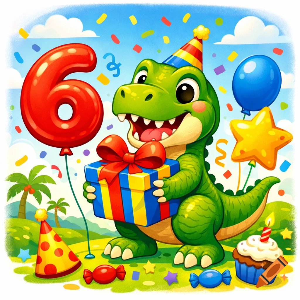 A cheerful cartoon dinosaur wearing a party hat holds a gift, with a red '6' balloon, blue balloon, star balloon, cupcake, and confetti.