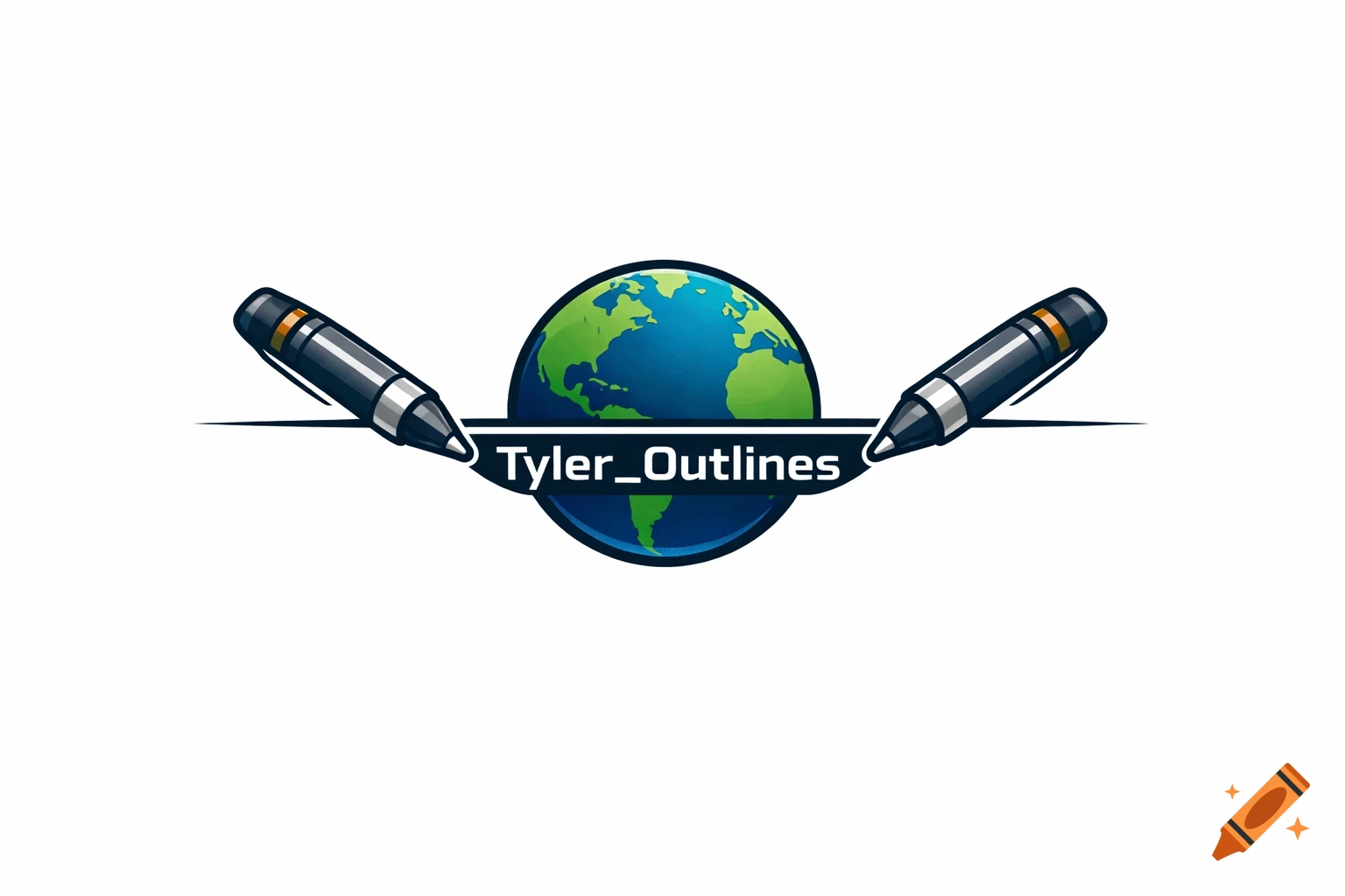 A logo with a blue and green earth globe, two black pens pointing inward on each side, and "Tyler_Outlines" written across the center.