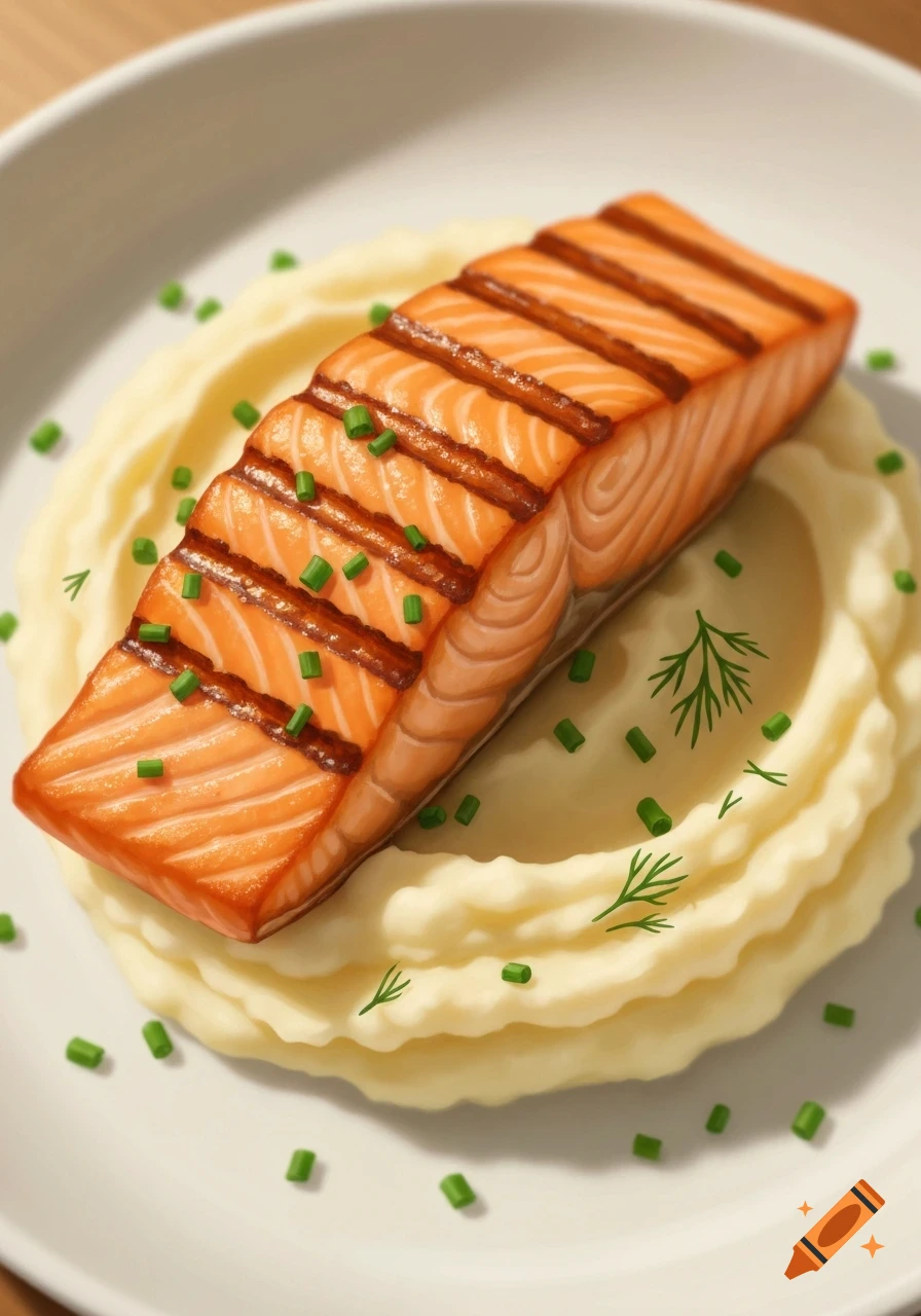 A seared salmon fillet with prominent grill marks, garnished with chives, resting on a bed of creamy mashed potatoes with dill sprigs, on a white plate.