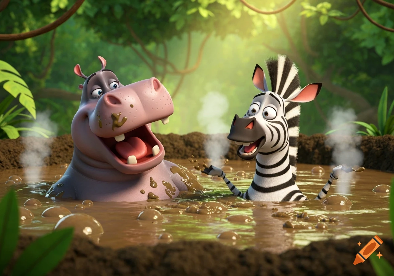 Gloria the hippo and Marty the zebra from Madagascar smile while neck-deep in a muddy bog in a 3D cartoon style.