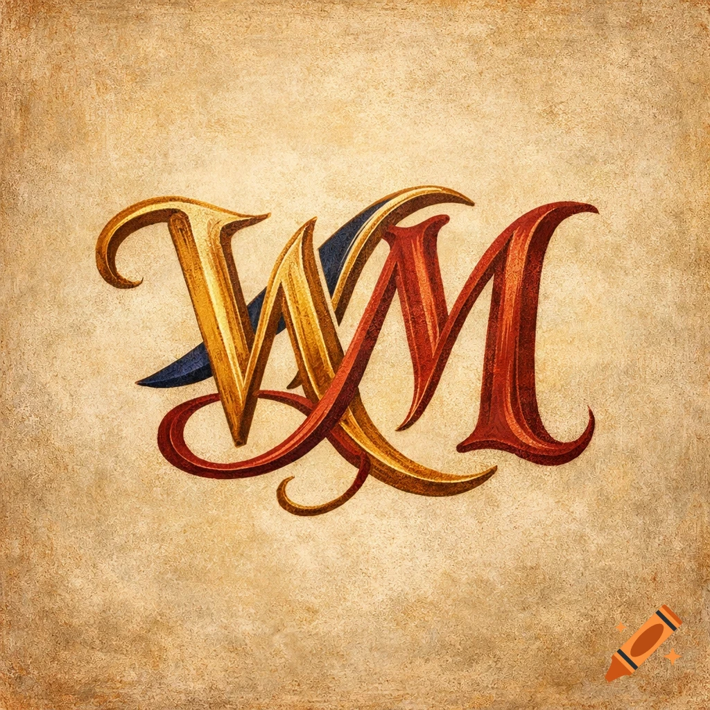 Stylized intertwining gold and red letters 'W' and 'M' on a textured beige background, vintage artistic style.