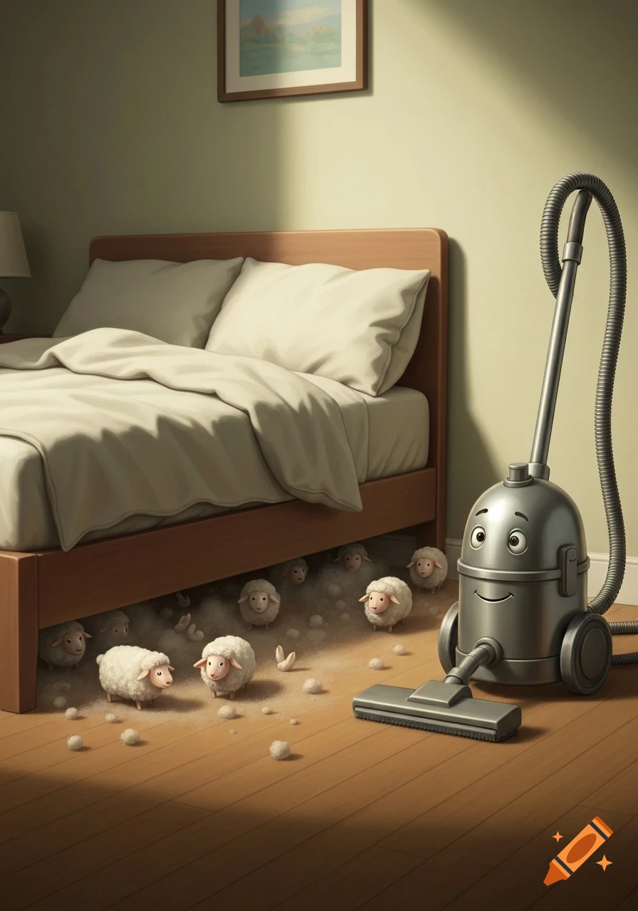 A humorous drawing of an anthropomorphic vacuum cleaner looking at fluffy, sheep-like dust bunnies under a bed in a bedroom.