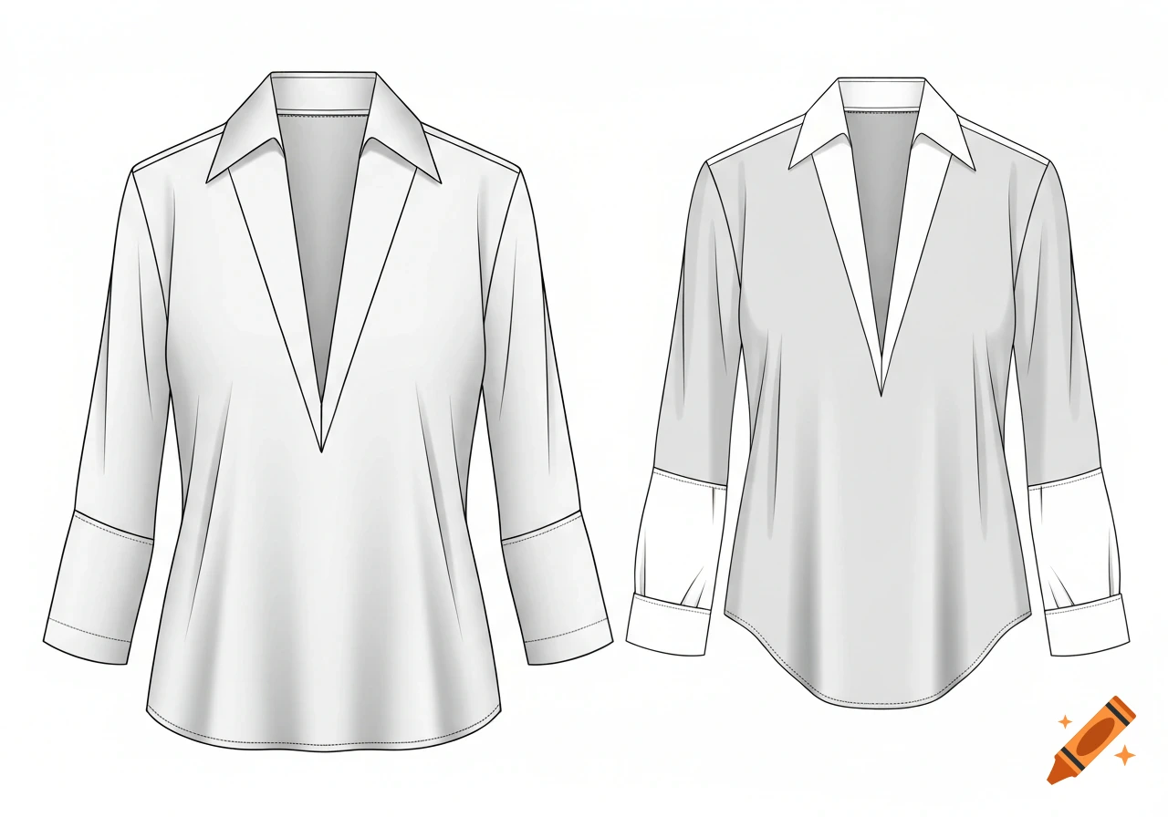 Two technical drawings of white women's blouses with deep V-necks and three-quarter sleeves on a white background.