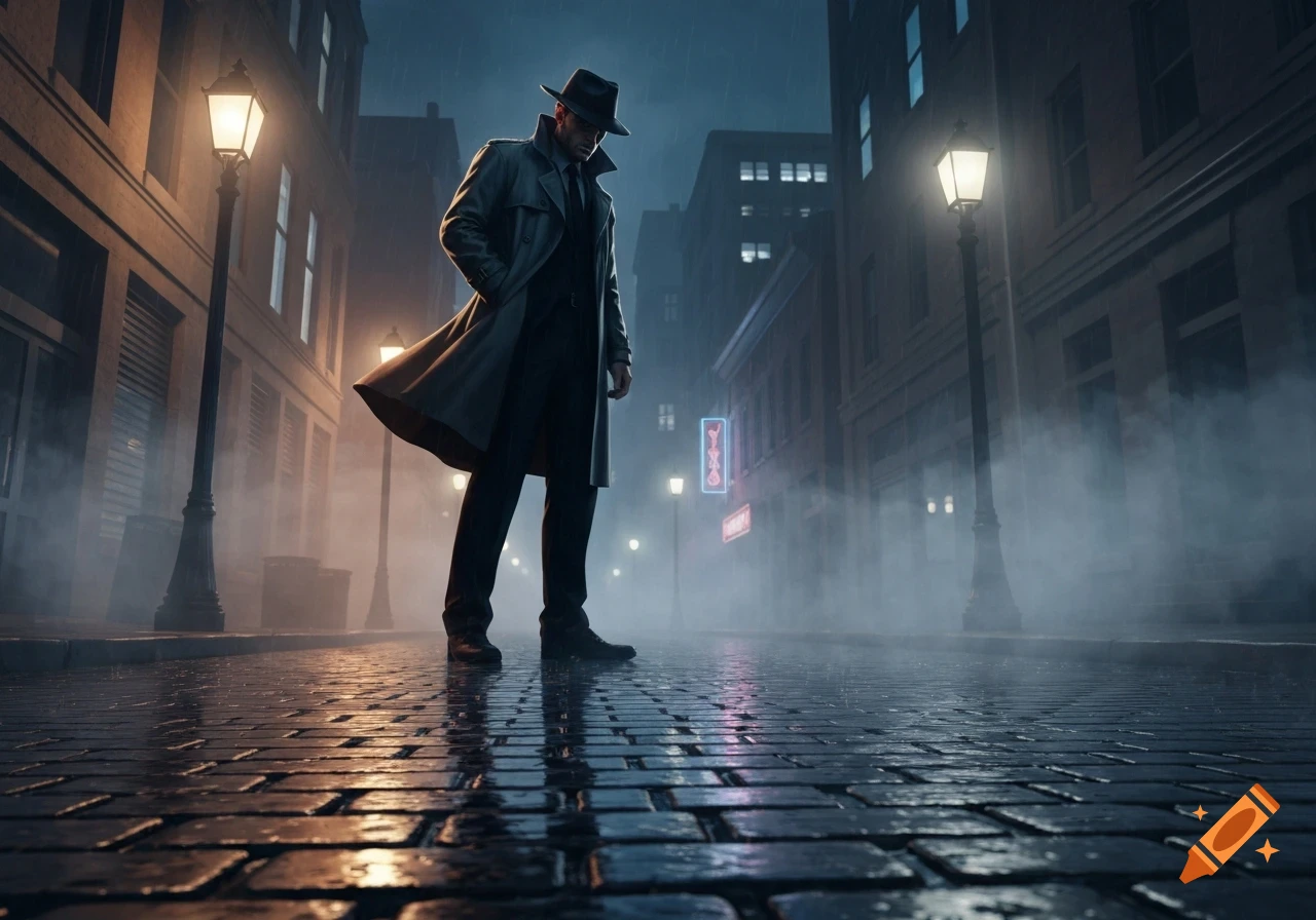 A mysterious detective in a trench coat and fedora stands on a rainy, foggy city street at night, illuminated by lamplights.