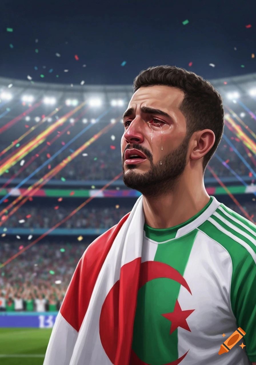 Illustration of a crying man, possibly a soccer player or fan, draped in an Algerian flag in a stadium.