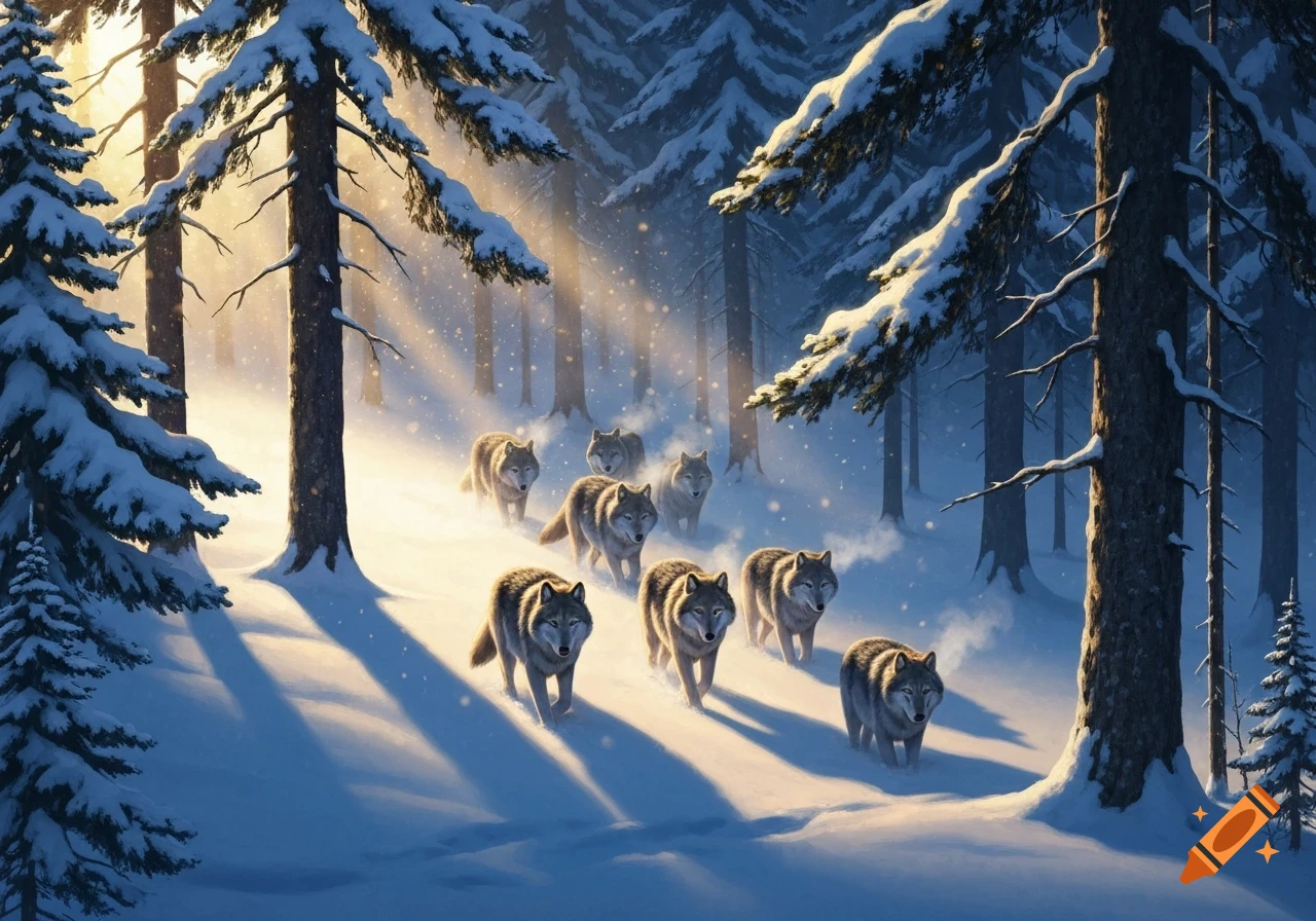 A painting of a pack of wolves walking through a snowy forest at ...