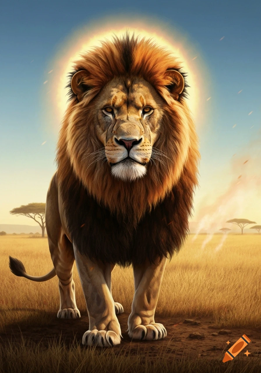A majestic lion with a glowing golden mane stands majestically in a sunlit savanna, looking directly forward.
