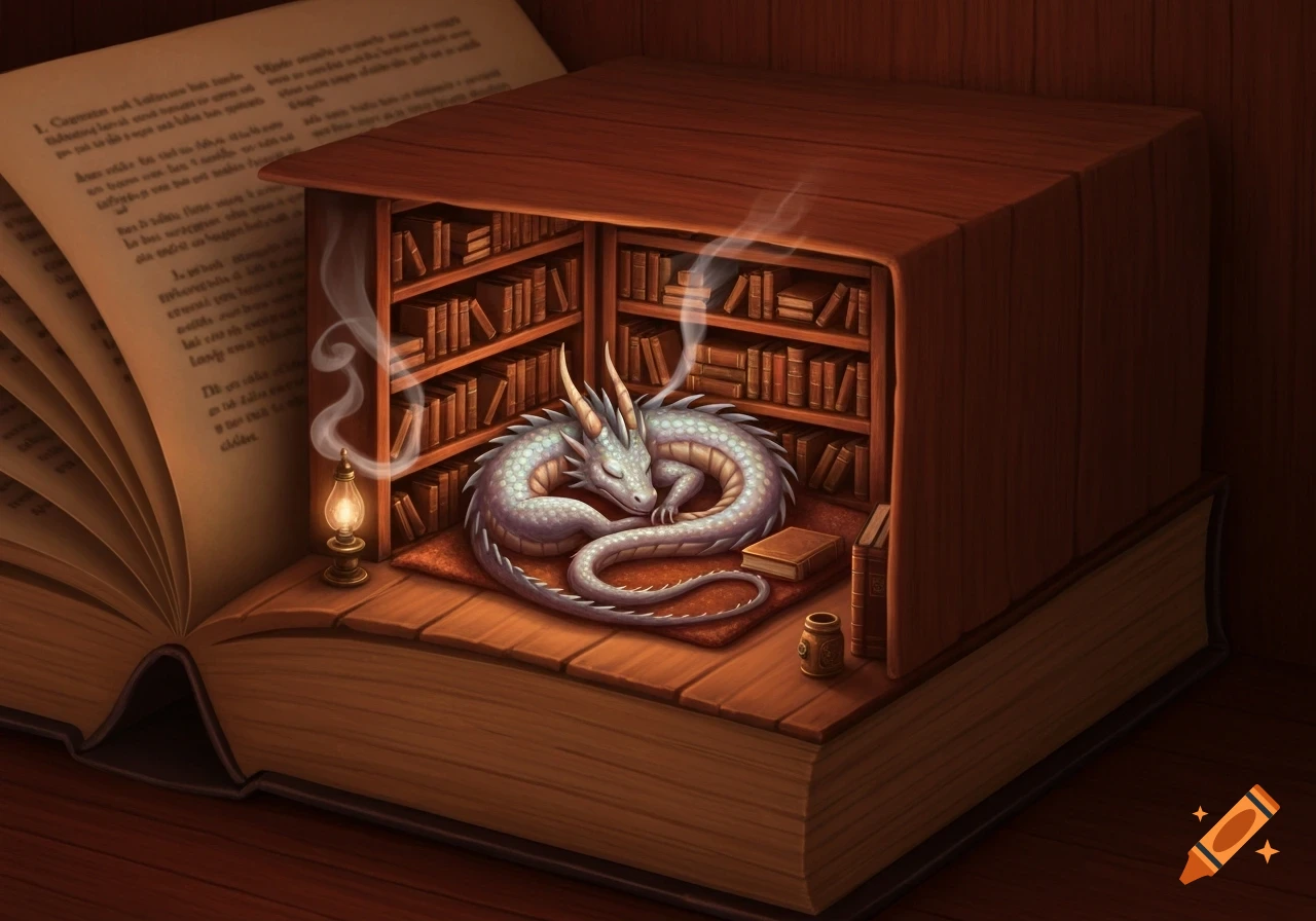 A white scaly dragon sleeps curled on a red rug in a miniature book-nook built into an open book, with tiny bookshelves and a lantern.