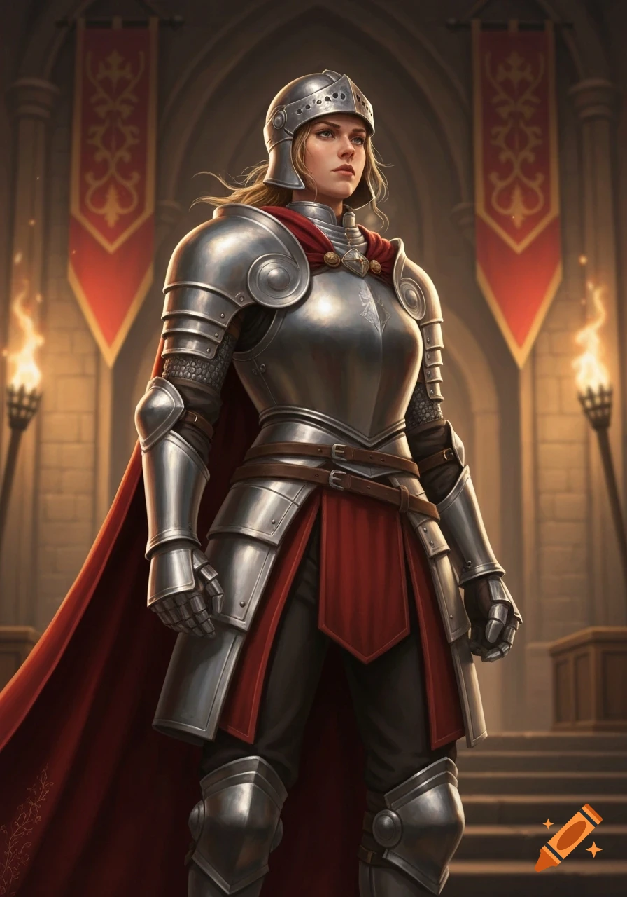A female knight in shining silver armor, red cape, and helmet stands confidently in a grand castle hall.