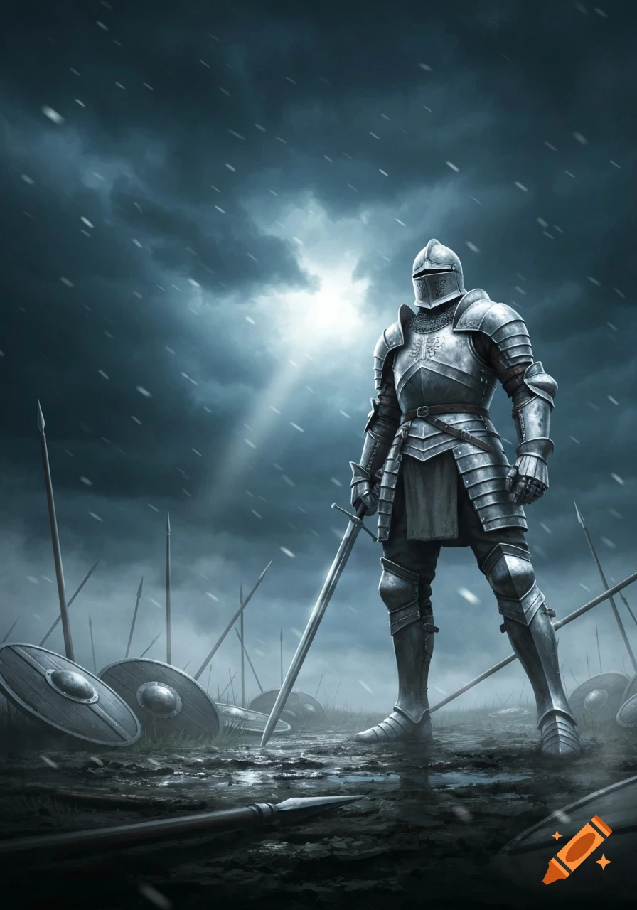 A knight in full plate armor stands on a muddy, snowy battlefield among fallen shields under a dramatic, stormy sky.