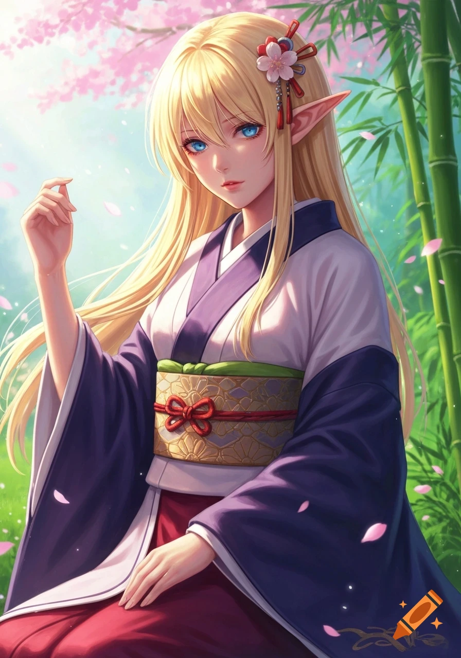 Anime illustration of a blonde elf with blue eyes in a purple and white kimono amidst pink cherry blossoms and green bamboo.