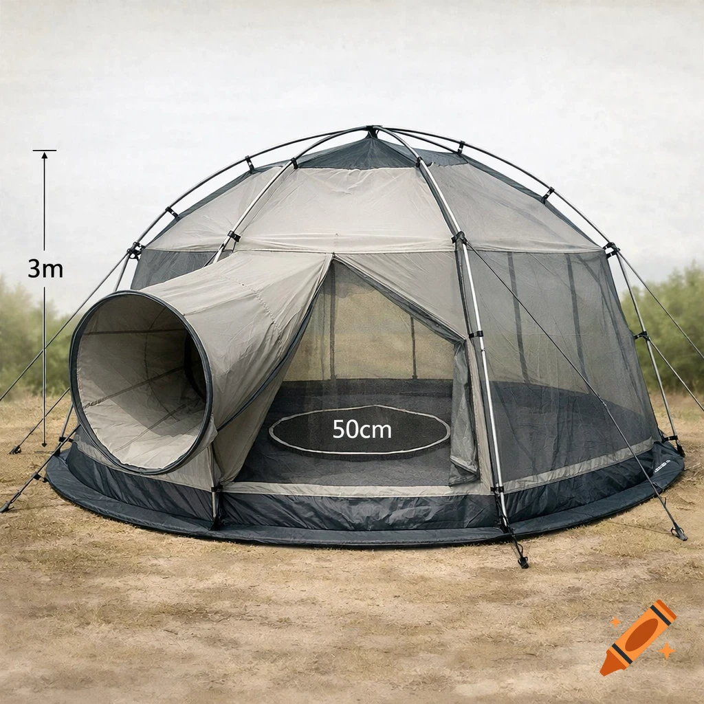 A large, gray dome-shaped camping tent with a tunnel entrance and mesh walls, displaying 3m height and a 50cm ground circle.