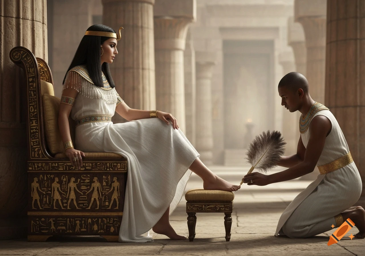 An ancient Egyptian princess sits on a throne as an attendant kneels to tickle her bare foot with a feather.