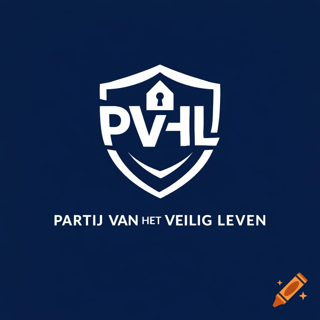 A professional blue political party logo featuring a white shield with 'PVHL' and 'PARTIJ VAN HET VEILIG LEVEN'.