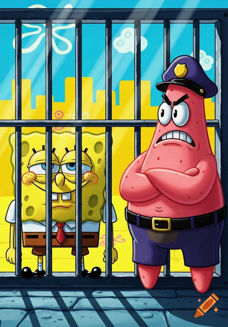 Spongebob looks sad in a jail cell behind bars, while an angry Patrick Star, dressed as a police officer, stands outside.