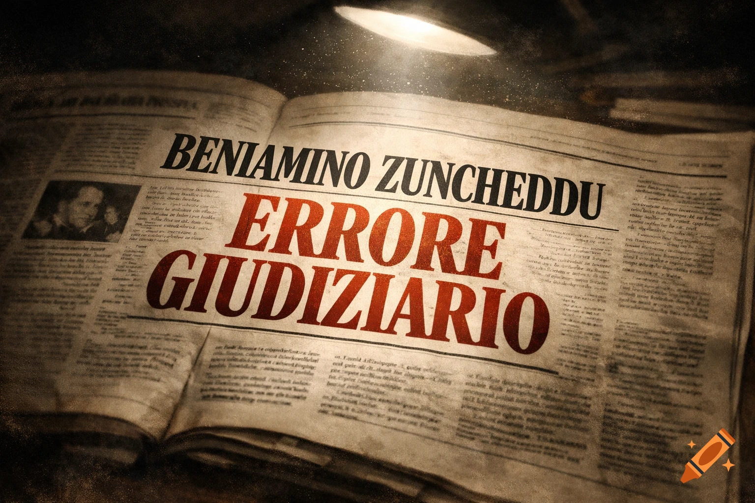 Open vintage newspaper under a spotlight, with headlines 'BENIAMINO ZUNCHEDDU' and 'ERRORE GIUDIZIARIO' in a dramatic style.