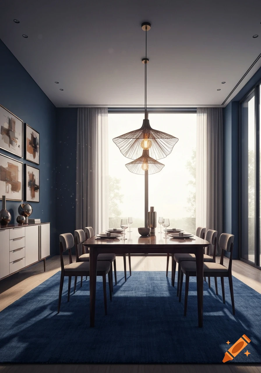 A modern dining room with a long wooden table, eight chairs, a blue rug, abstract art on the wall, and large windows.