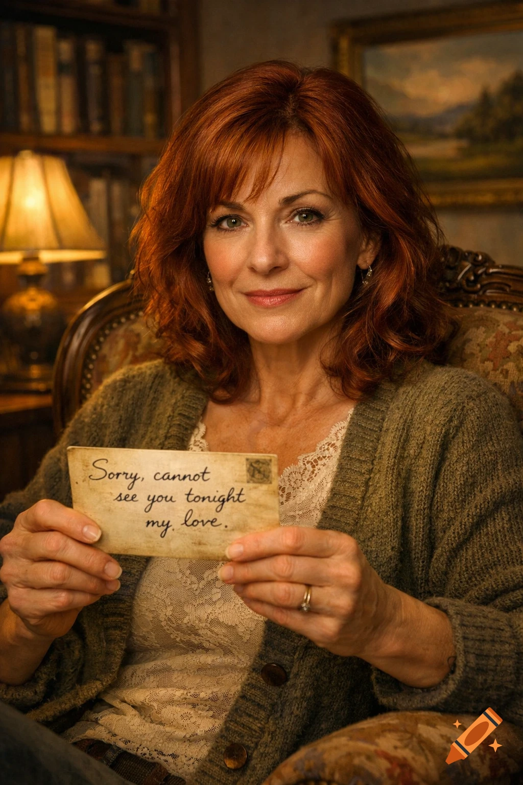 A smiling redhead woman holds a handwritten note saying 'Sorry, cannot see you tonight my love' in a cozy, photorealistic indoor setting.