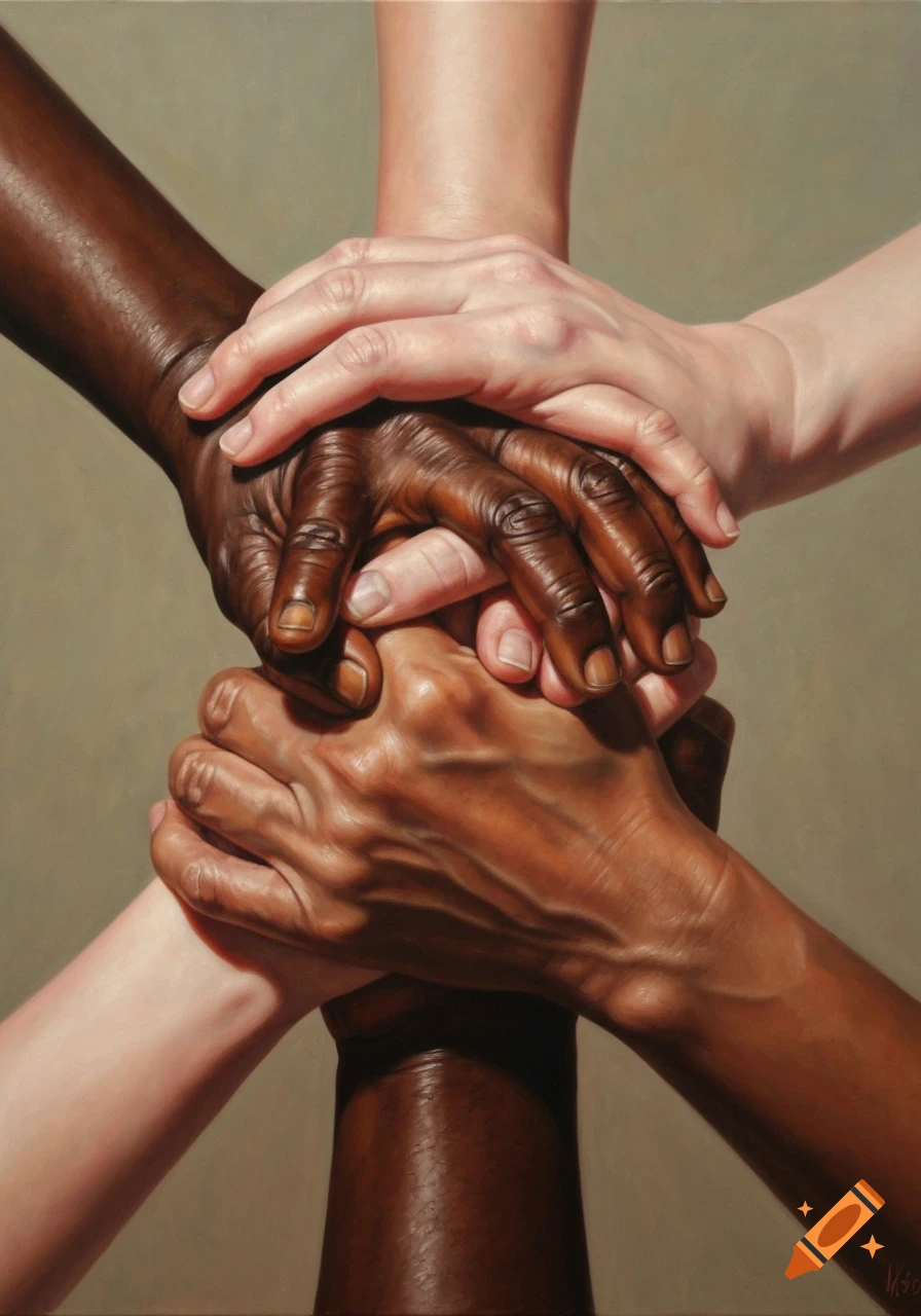 A hyperrealistic painting of multiple hands of varying skin tones and ages clasped together in a unified pile, symbolizing diversity and solidarity.
