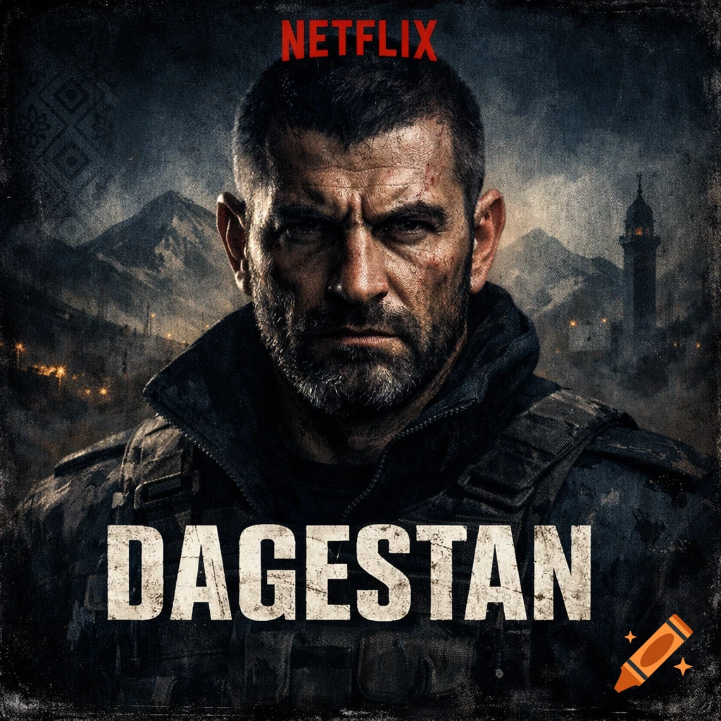 A gritty movie poster showing a stern man in tactical gear with text 'NETFLIX' and 'DAGESTAN' over a mountain and city background.