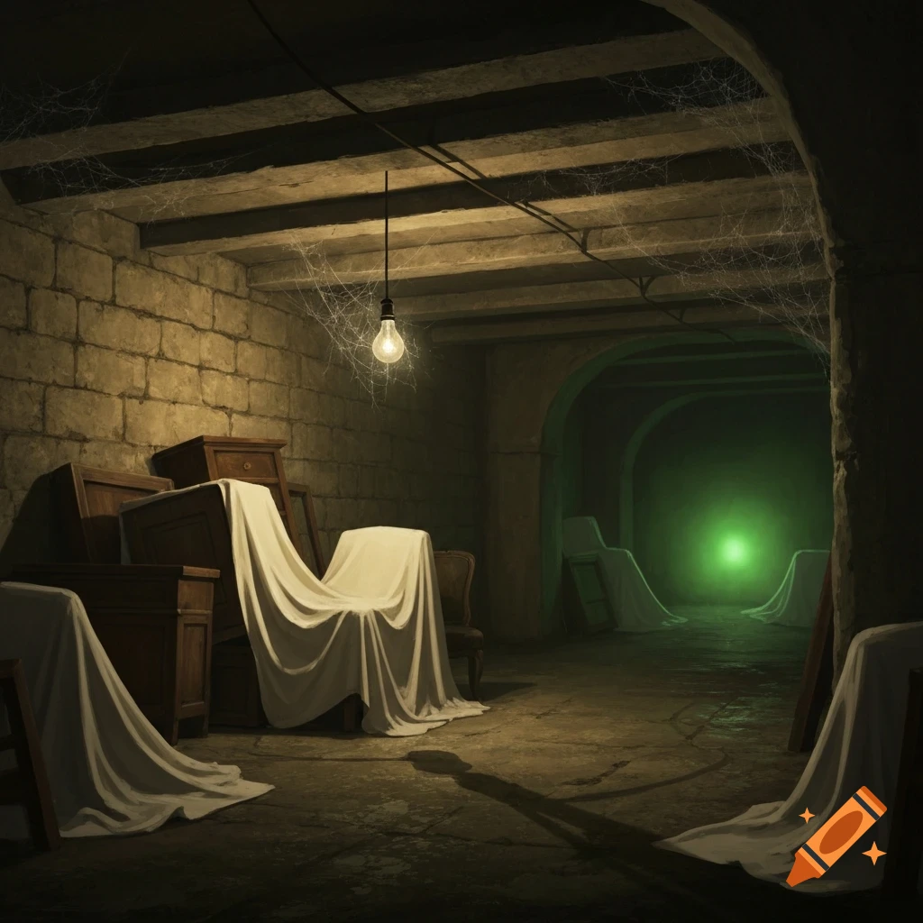 A dimly lit, dusty basement with stone walls, wooden beams, cobwebs, and old furniture covered in white sheets. A single bare bulb hangs from the ceiling, illuminating the foreground, while a green glow emanates from a distant archway.