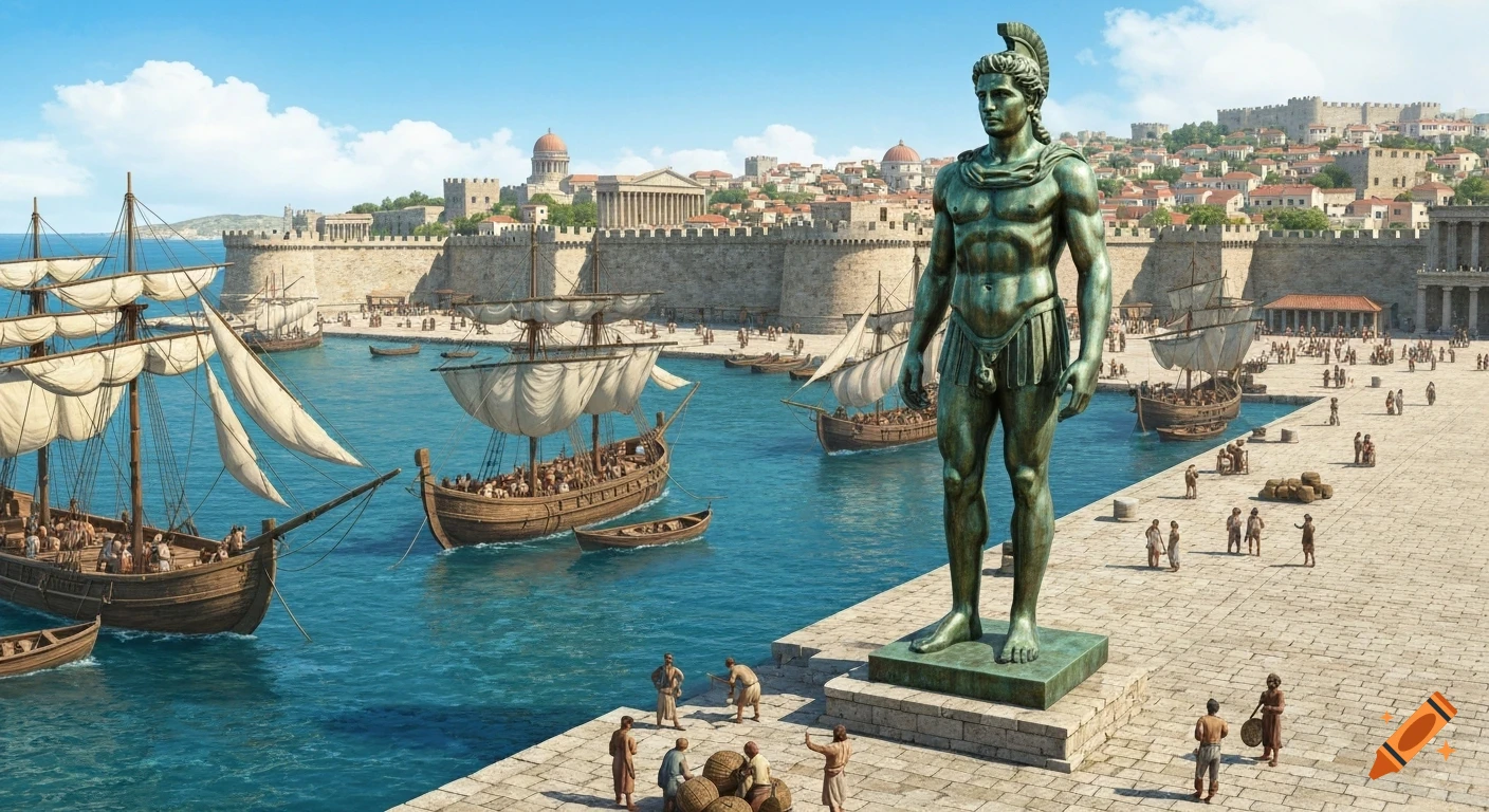 A photorealistic depiction of a giant bronze statue overlooking an ancient harbor bustling with ships and people, with a fortified city in the background.