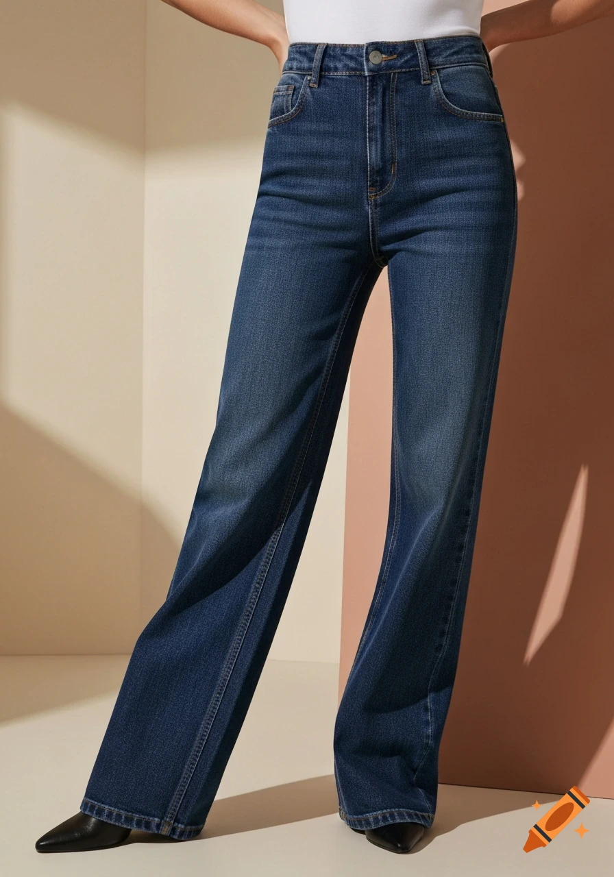 Close-up of a person wearing high-waisted, wide-leg dark blue jeans and black pointed-toe shoes against a segmented light and dark brown background.