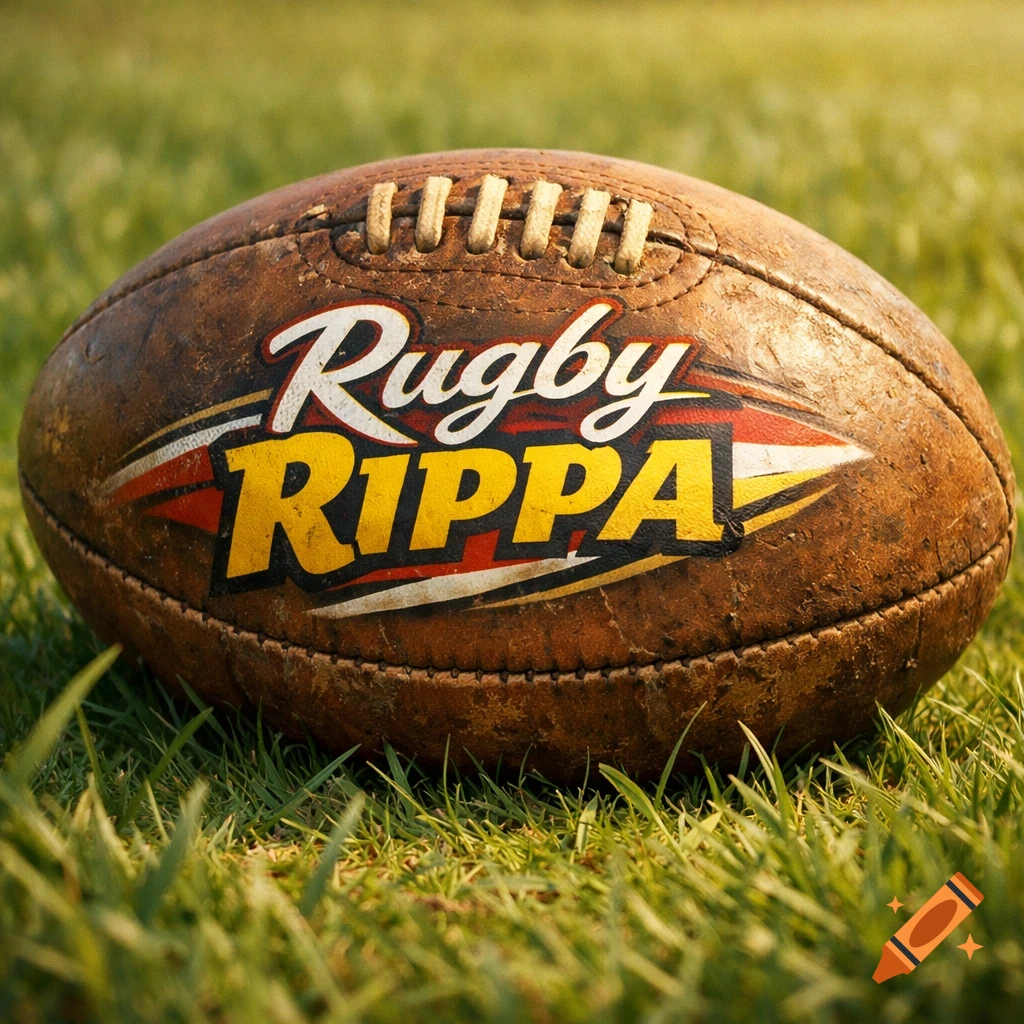 A close-up, photorealistic image of a worn, brown rugby ball with "Rugby RIPPA" text, lying on green grass.