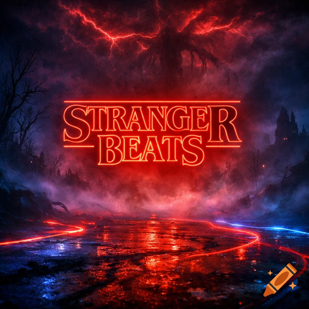 Neon red text 'STRANGER BEATS' glows over a dark, wet, reflective ground with red and blue lights. The background features a stormy red sky with lightning and a shadowy, ominous entity.
