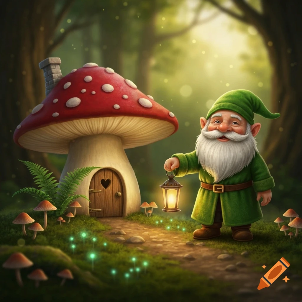 A smiling gnome in a green robe holding a lantern stands on a path next to a mushroom house in a magical forest.